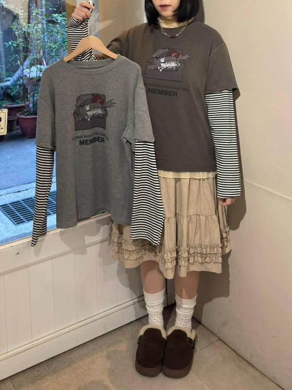 沙發貓狗假兩件條紋拼袖tee 