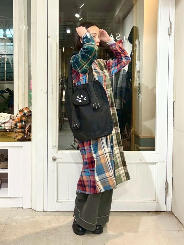 拼接格紋長版襯衫洋裝 