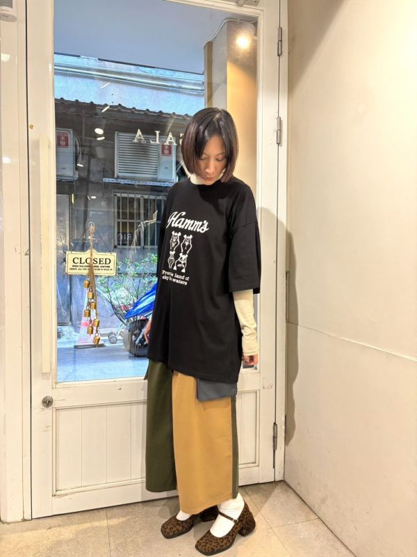 兩側立體大口袋大色塊拼接傘狀裙 