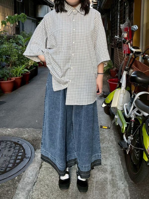 寬鬆泡泡布格紋襯衫 