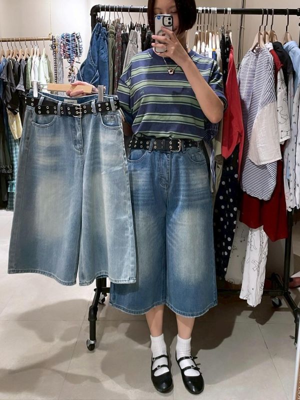 水洗牛仔七分褲附腰帶 