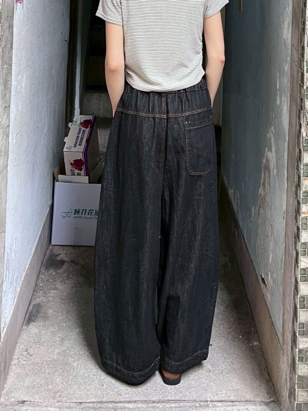 黑色鬆緊腰明線薄牛仔長褲 