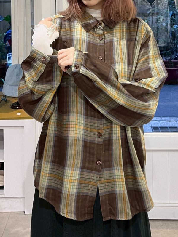 復古格紋棉麻排扣襯衫 