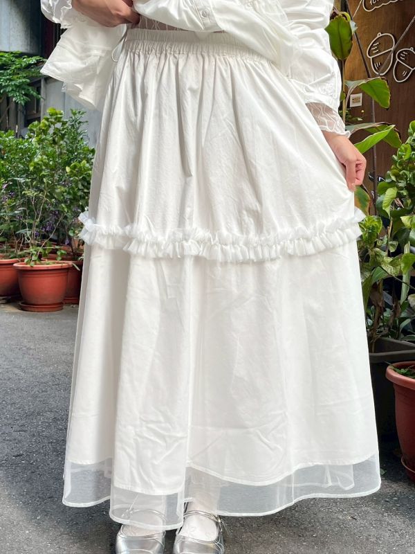 荷葉拼接雙層下擺內鬆緊腰紗裙 