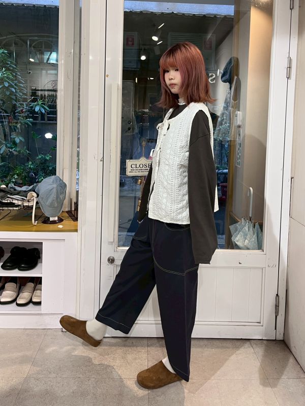 藏藍拼腰果花明線帆布長褲 