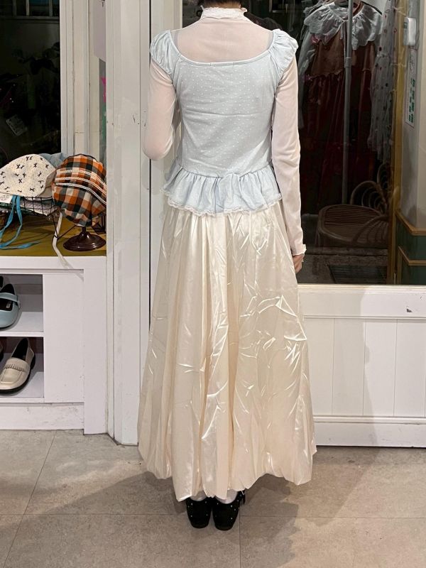 波點蕾絲抓皺彈力娃娃袖上衣附蕾絲綁帶 