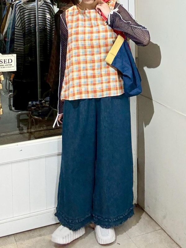 薄款伸縮腰褲腳雙層木耳牛仔九分寬褲 