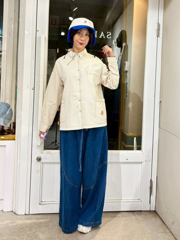 泡泡布彩色花朵鈕釦條紋襯衫 