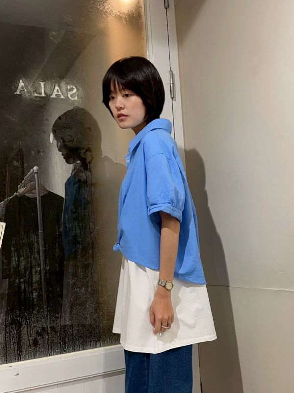 薄料單扭結圓弧擺前短後長反折短袖襯衫 