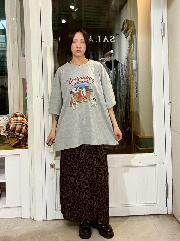 彈性直紋皺皺布後開叉豹紋裙 