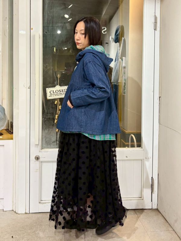 假兩件牛仔內裡格紋連帽襯衫 