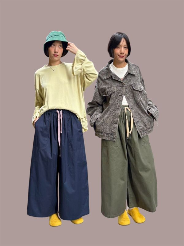 日系抽繩九分寬褲 