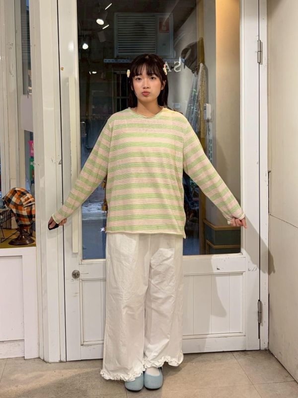 撞色橫條紋捲邊薄長袖 