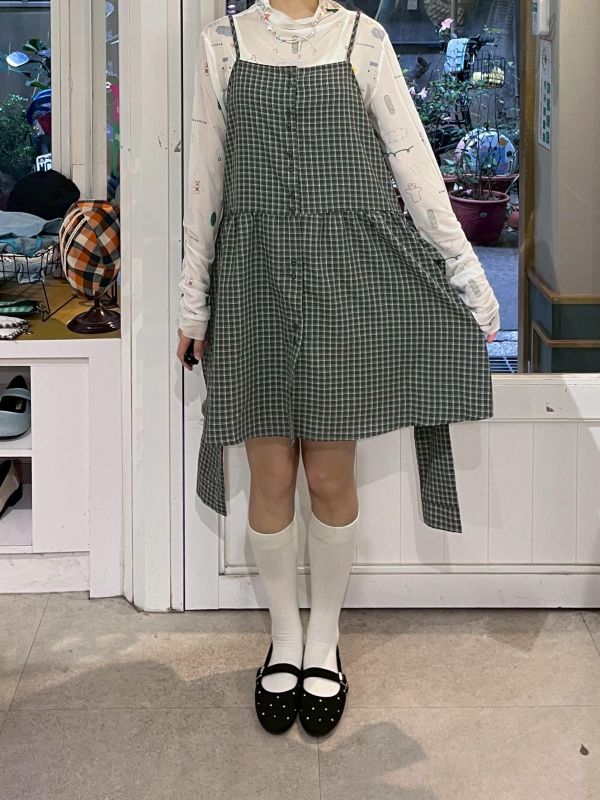 側綁帶格紋排扣吊帶背心裙 