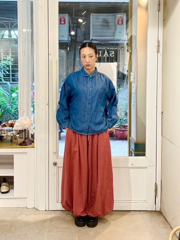 細格子拼接薄款牛仔襯衫 