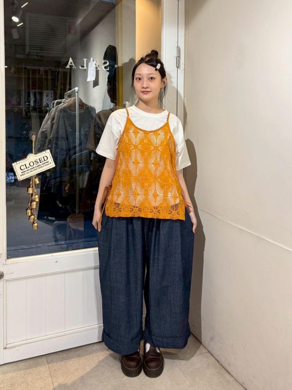 紅色抽繩下擺反折繭型九分牛仔寬褲 