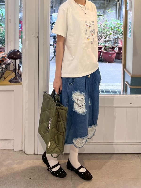 破壞感綁帶牛仔七分褲 