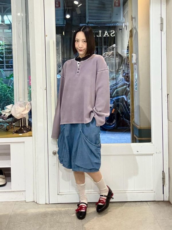韓國男裝羅紋亨利領霧紫長袖上衣 
