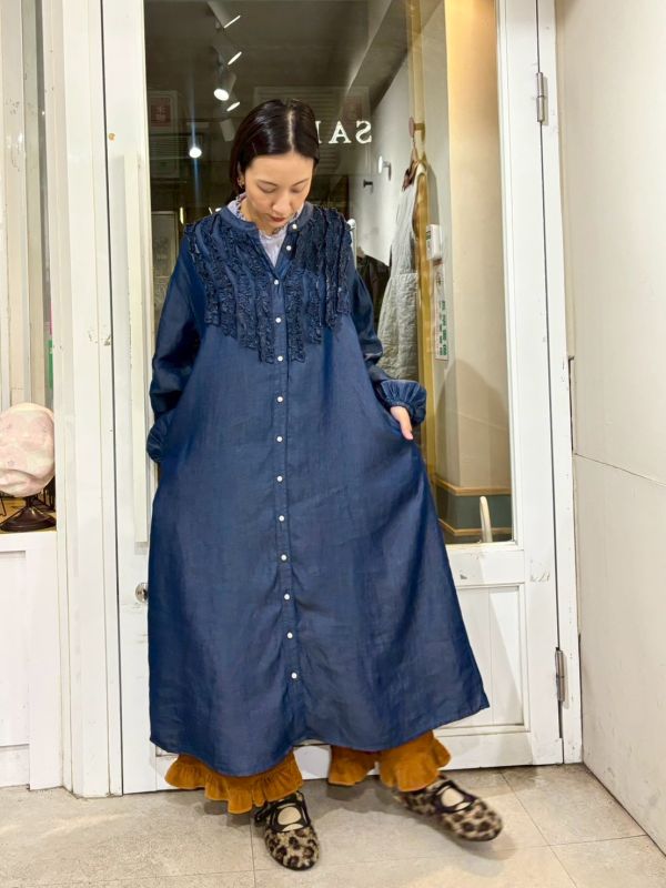 直條擠花長版牛仔洋裝 