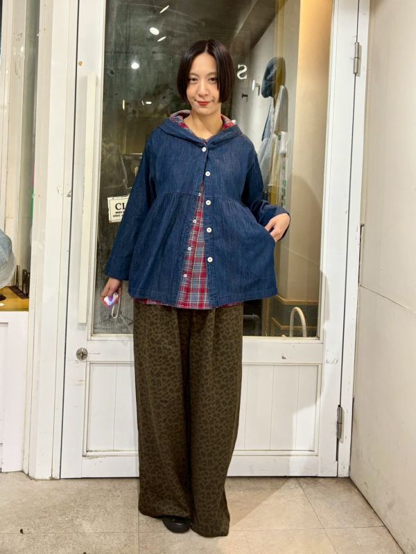 假兩件牛仔內裡格紋連帽襯衫 