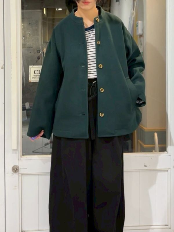 綠色中山領毛呢大外套 