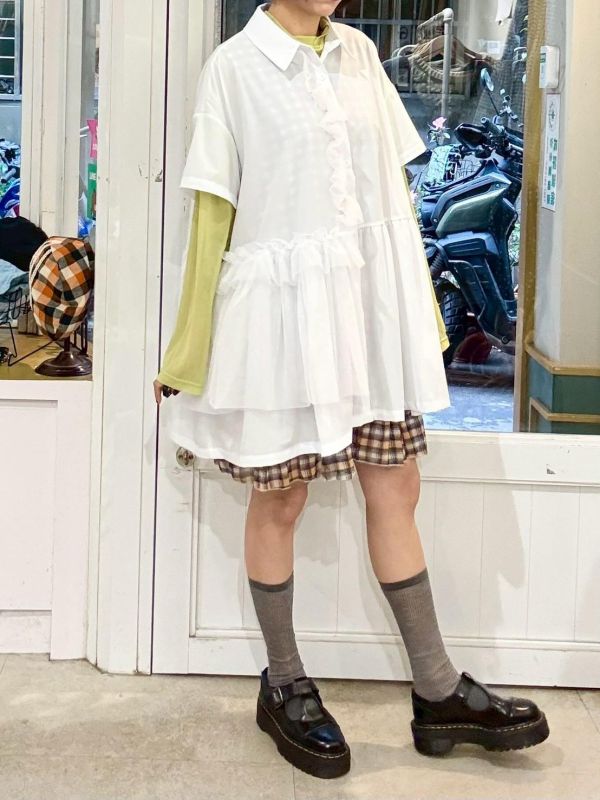 設計感抓皺紗拼接短袖襯衫 