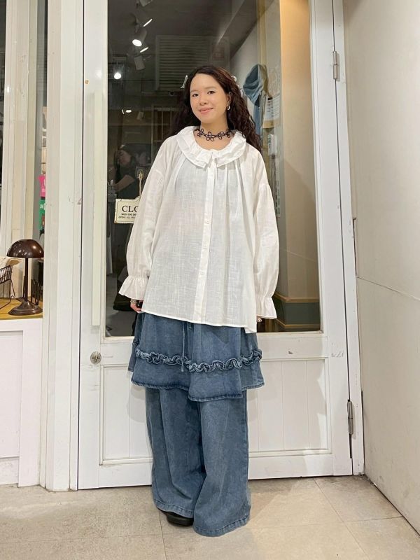 公主袖剪裁雙層荷葉領棉麻落肩前短後長襯衫 