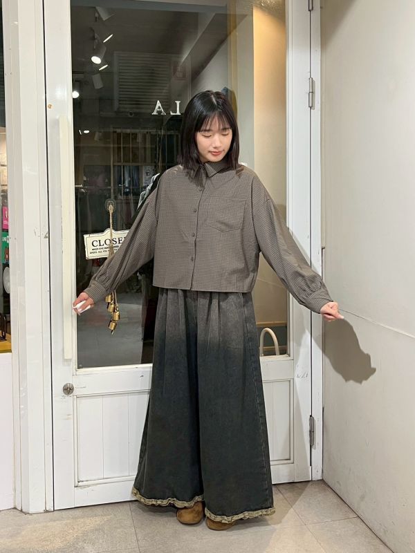 咖色短版細格紋胸前口袋襯衫 