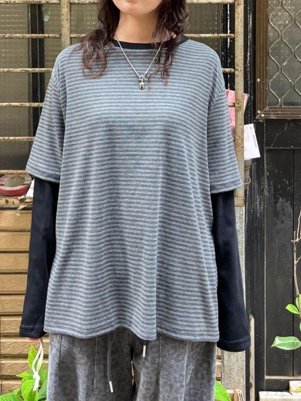 假兩件細橫條紋長袖上衣 