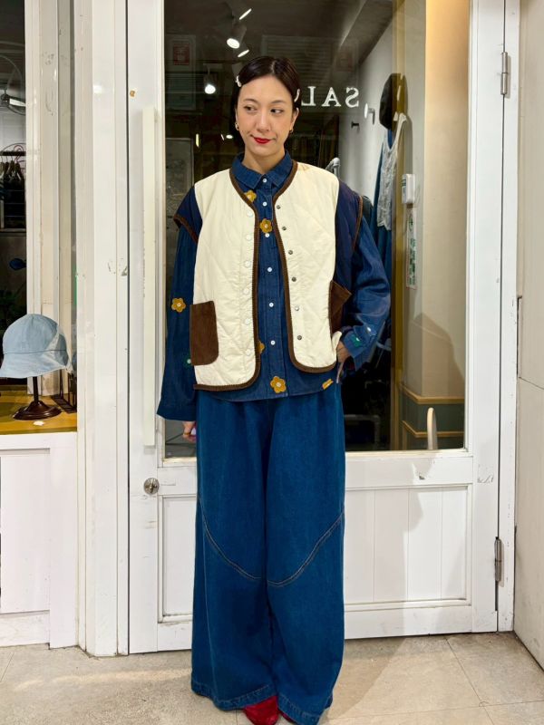 橫縫拼接燈芯絨口袋背心 