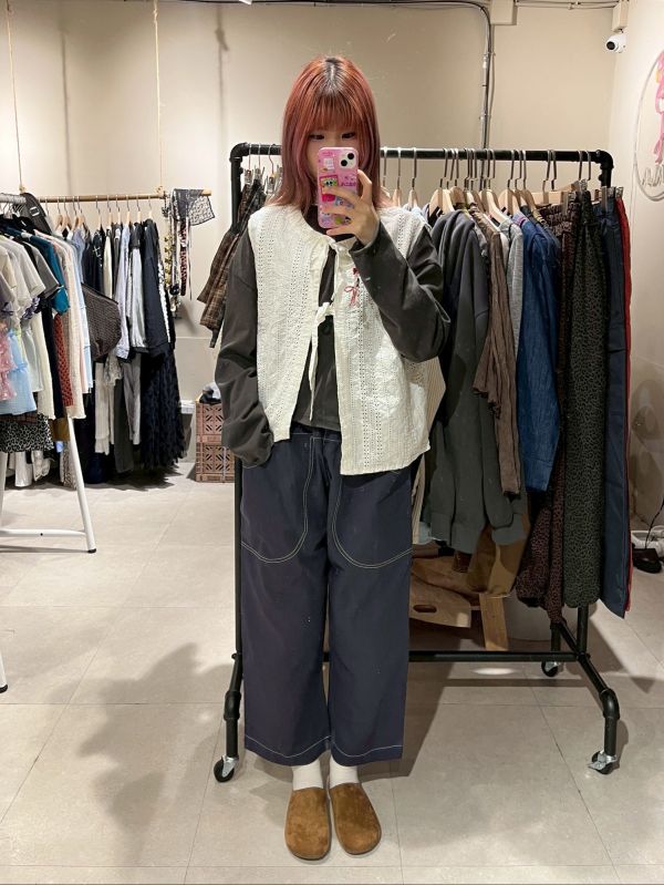 藏藍拼腰果花明線帆布長褲 