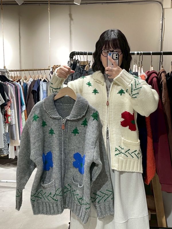 雙拉鏈撞色圖案粗毛線針織外套 