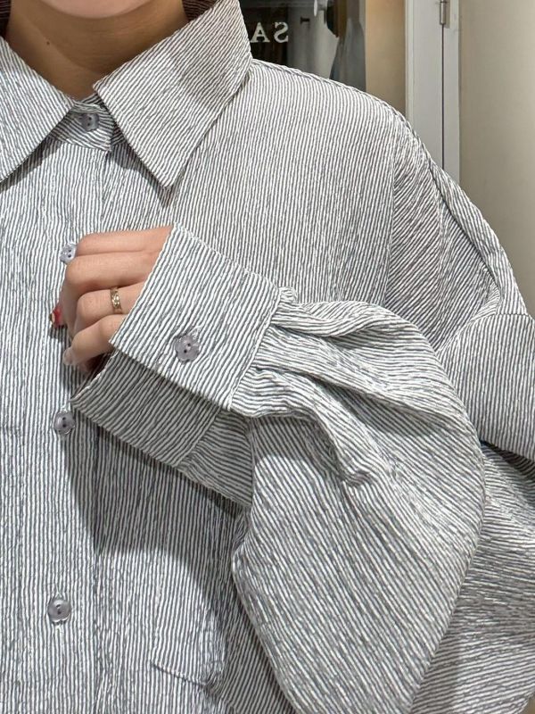 細直條紋皺皺布落肩寬版襯衫 