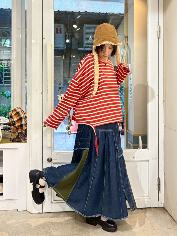 鬆緊腰異材質拼接傘狀牛仔裙 