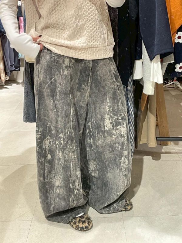 個性復古造型水洗後鬆緊繭型牛仔寬褲 