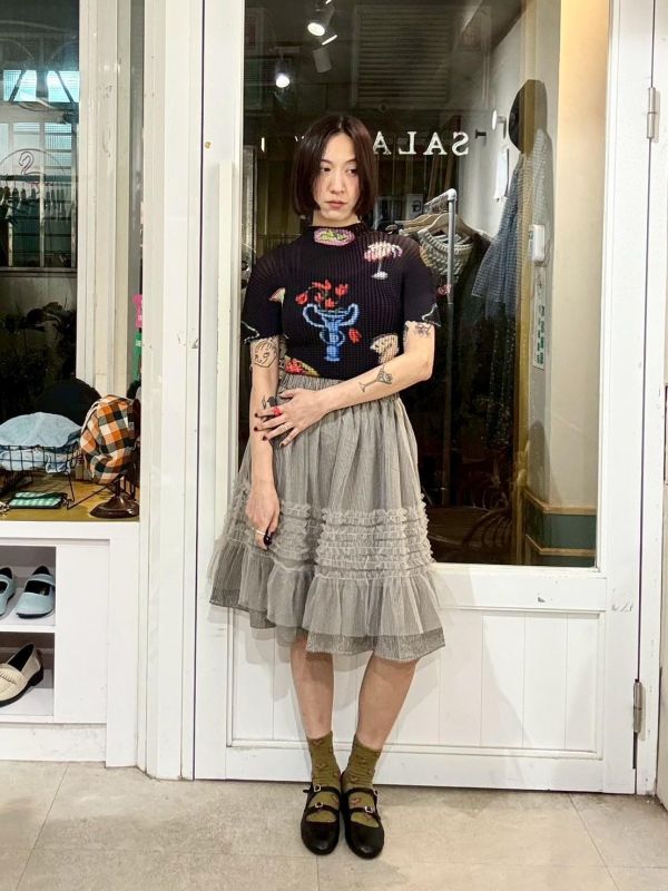 內層細格子外層蛋糕五分紗裙 