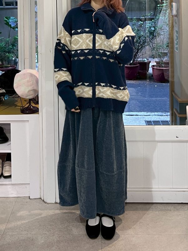 藏藍復古菱格紋針織拉鏈毛衣 