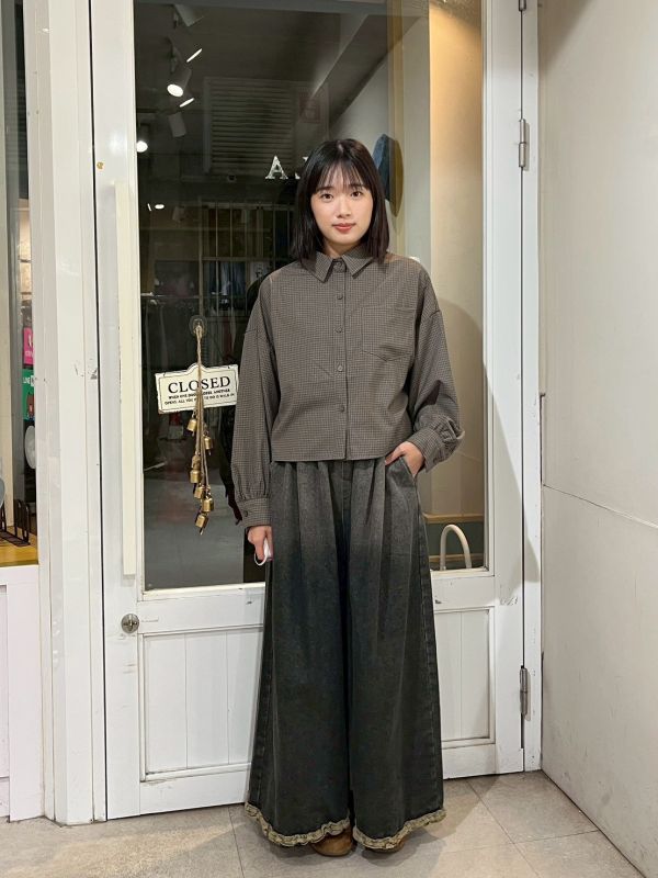 咖色短版細格紋胸前口袋襯衫 