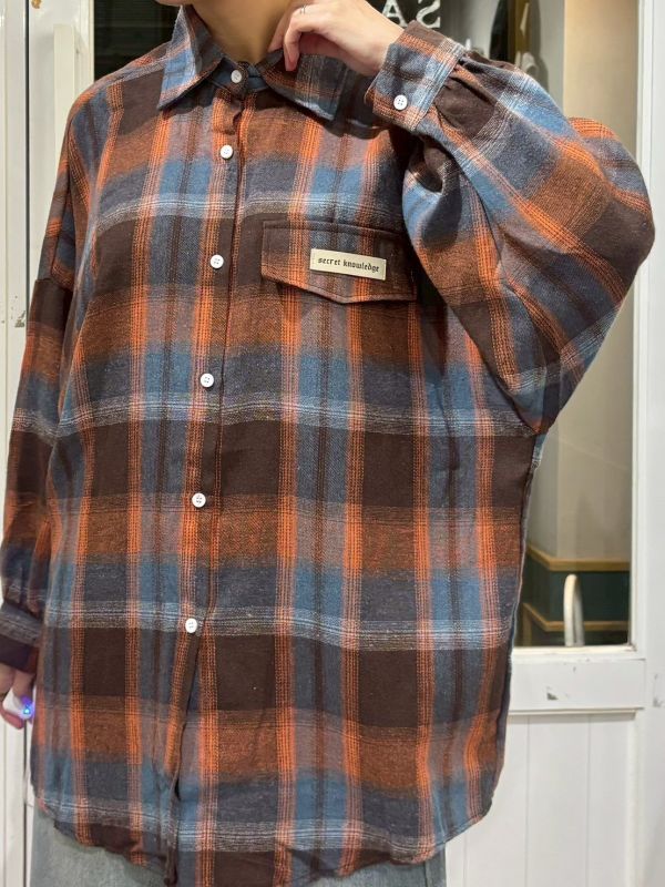 落肩橘藍棕格紋襯衫 