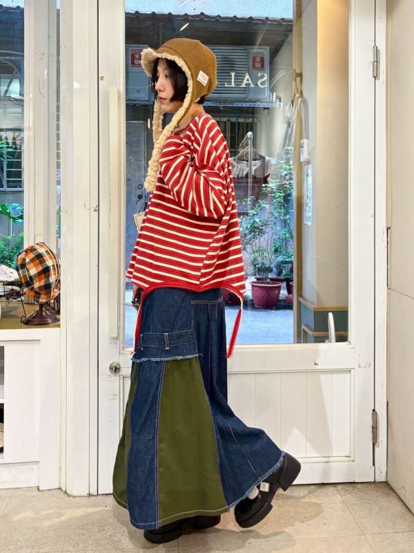 紅白條紋下擺垂繩長袖上衣 