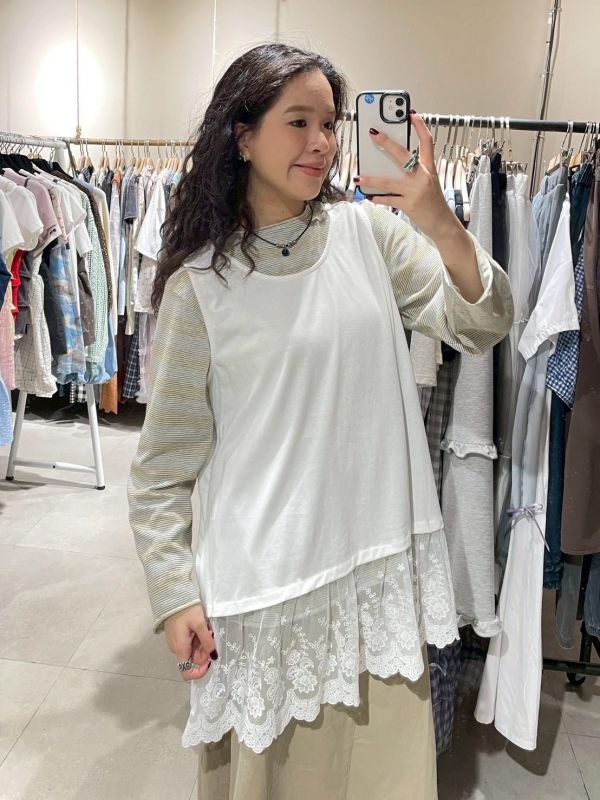 素色棉拼接蕾絲白色長版背心 