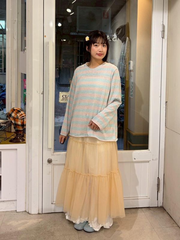 撞色橫條紋捲邊薄長袖 