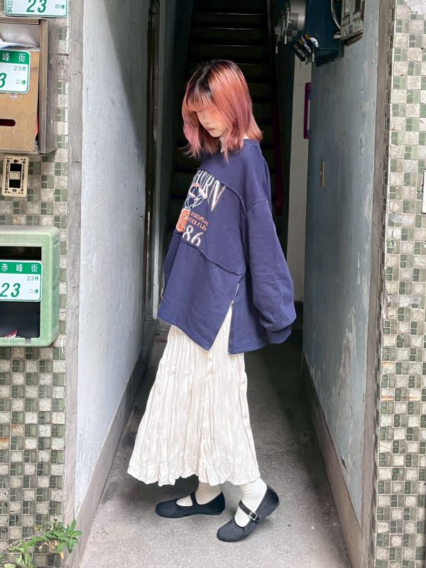 側拉鏈美式印花抽鬚上衣 