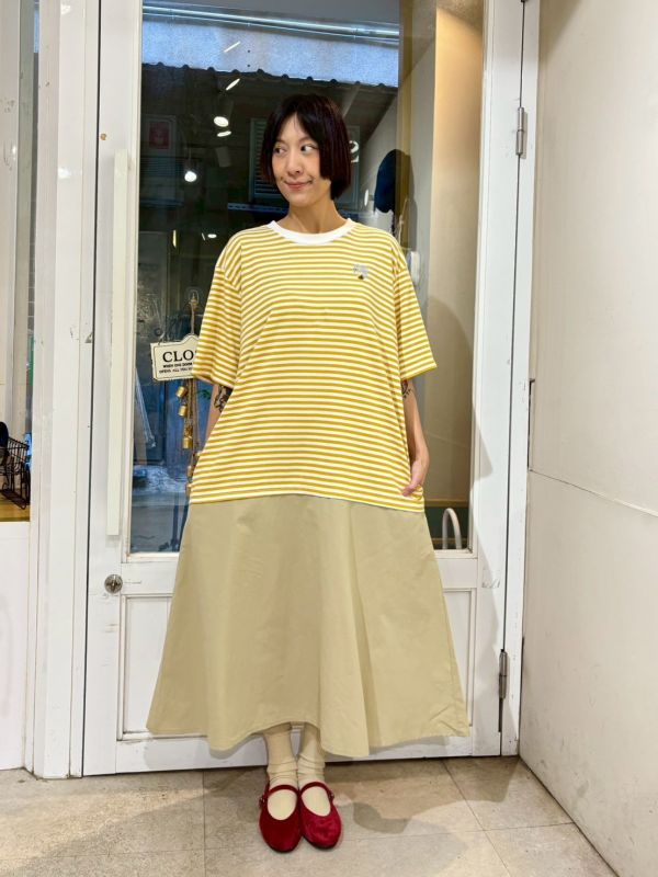 刺繡小狐狸異材質拼接橫條紋長洋裝 