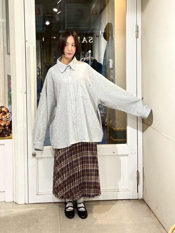 細直條紋皺皺布落肩寬版襯衫 