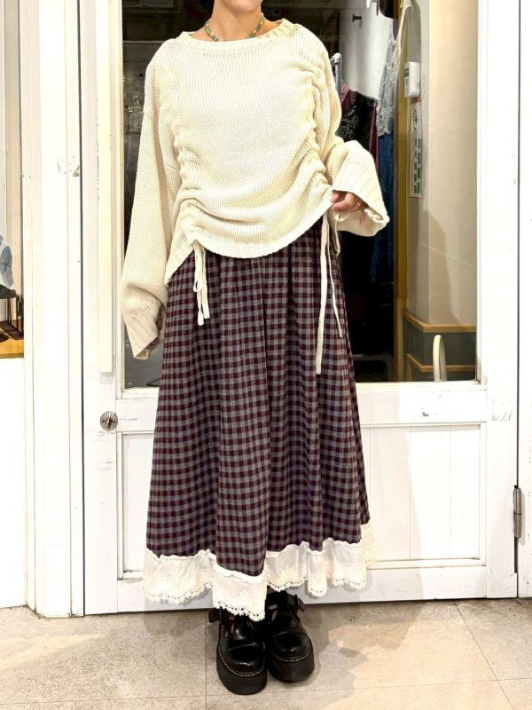 抽繩綁帶落肩寬袖針織上衣 