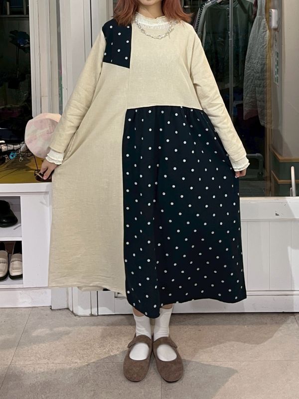 棉麻拼接波點長袖洋裝 