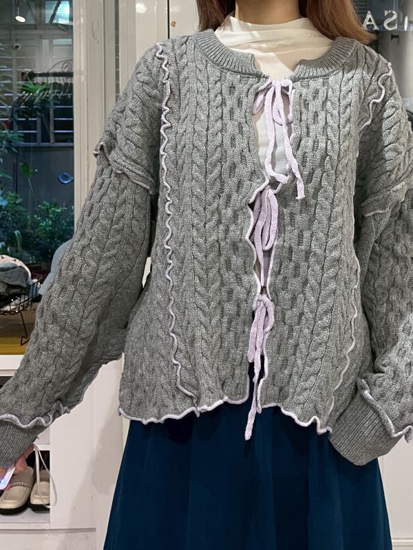 粗針織毛線撞色滾邊綁帶長袖外套 