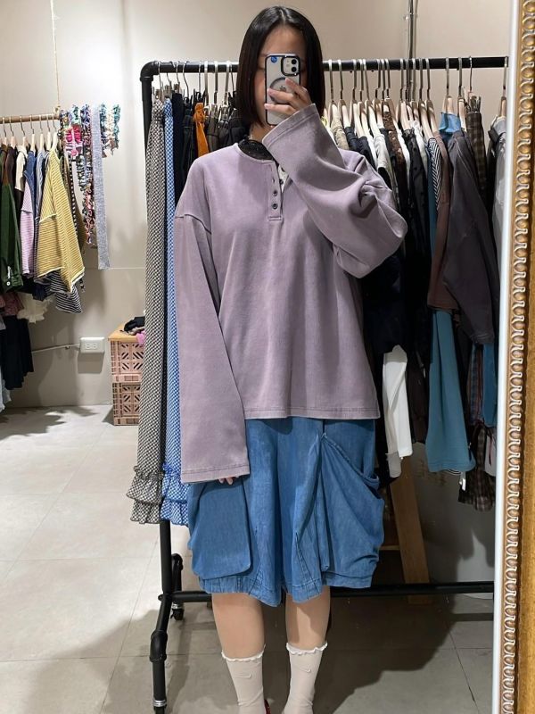 韓國男裝羅紋亨利領霧紫長袖上衣 