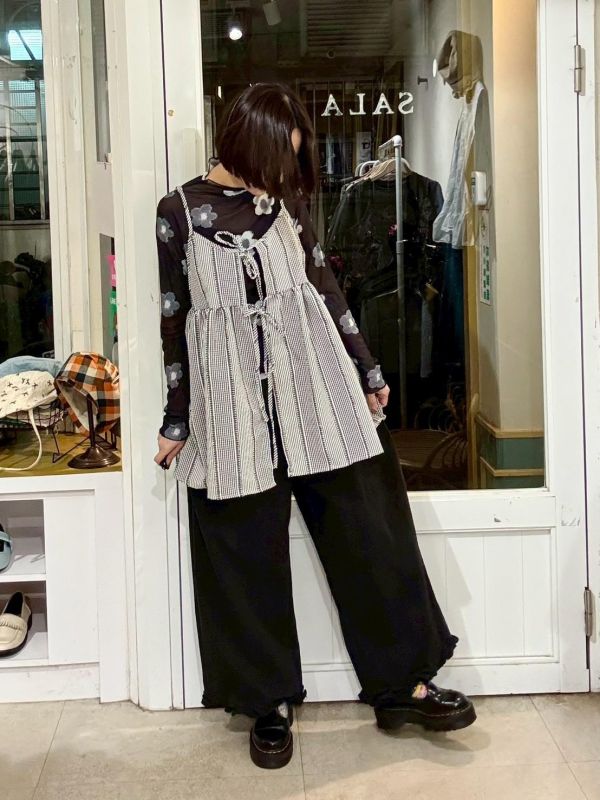 鬆緊腰褲腳木耳滾邊九分寬褲 